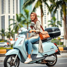 A beautiful Indonesian woman with a slender hijab, casually dressed in a long shirt, jeans, and sneakers, is sitting on a light blue scooter