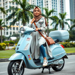 A beautiful Indonesian woman with a slender hijab, casually dressed in a long shirt, jeans, and sneakers, is sitting on a light blue scooter