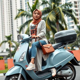 A beautiful Indonesian woman with a slender hijab, casually dressed in a long shirt, jeans, and sneakers, is sitting on a light blue scooter