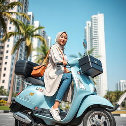 A beautiful Indonesian woman wearing a slender hijab sits on a light blue scooter