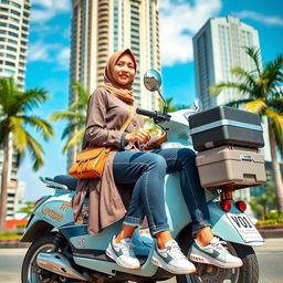A beautiful Indonesian woman wearing a slender hijab sits on a light blue scooter
