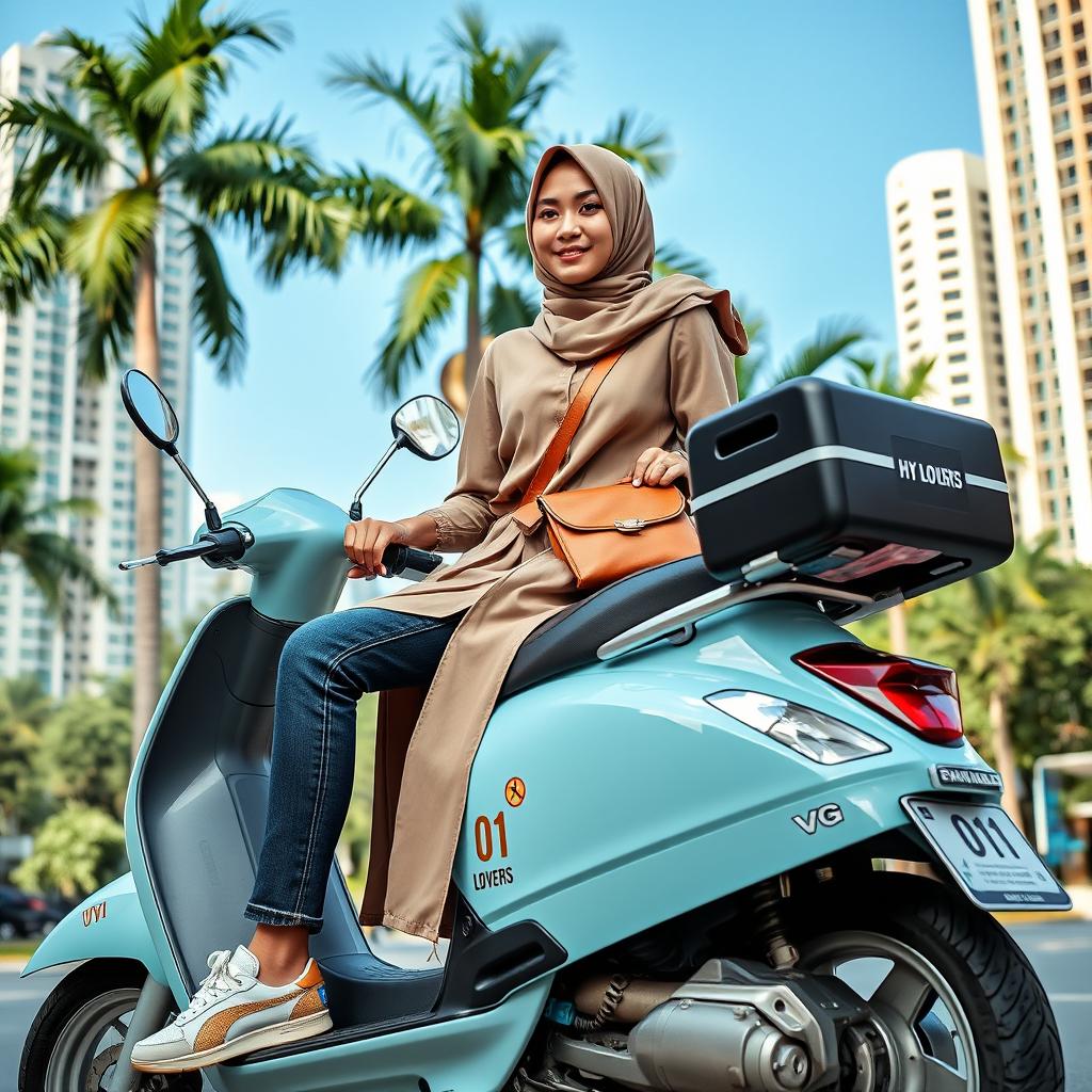 A beautiful Indonesian woman wearing a slender hijab sits on a light blue scooter