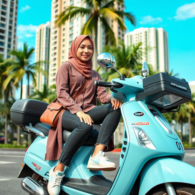 A beautiful Indonesian woman wearing a slender hijab sits on a light blue scooter