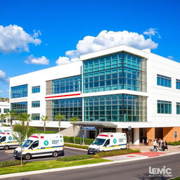 A modern hospital building featuring a sleek, contemporary design with large glass windows, well-manicured landscaping, and a welcoming entrance