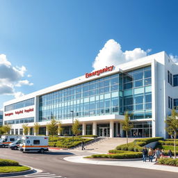 A modern hospital building featuring a sleek, contemporary design with large glass windows, well-manicured landscaping, and a welcoming entrance