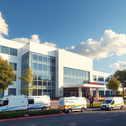 A modern hospital building featuring a sleek, contemporary design with large glass windows, well-manicured landscaping, and a welcoming entrance