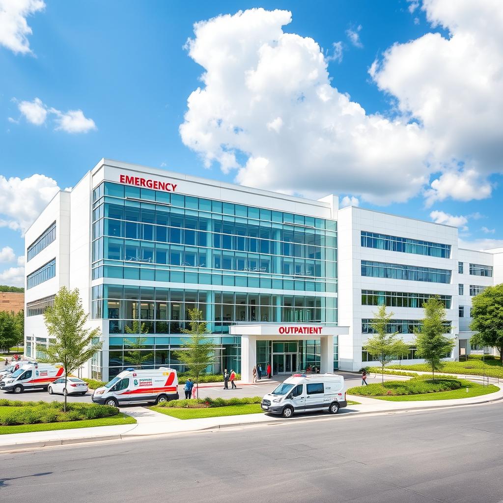 A modern hospital building featuring a sleek, contemporary design with large glass windows, well-manicured landscaping, and a welcoming entrance