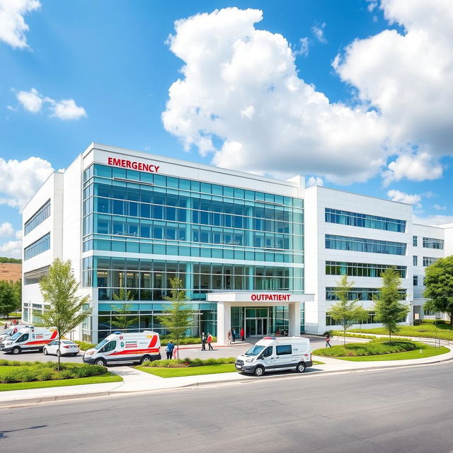 A modern hospital building featuring a sleek, contemporary design with large glass windows, well-manicured landscaping, and a welcoming entrance