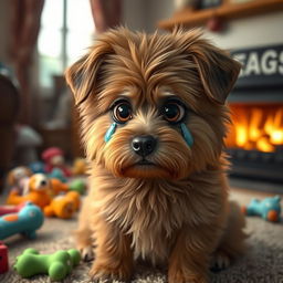 A sad furry dog with big, expressive eyes shedding tears, sitting in a cozy living room with soft lighting