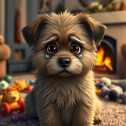 A sad furry dog with big, expressive eyes shedding tears, sitting in a cozy living room with soft lighting