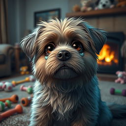 A sad furry dog with big, expressive eyes shedding tears, sitting in a cozy living room with soft lighting