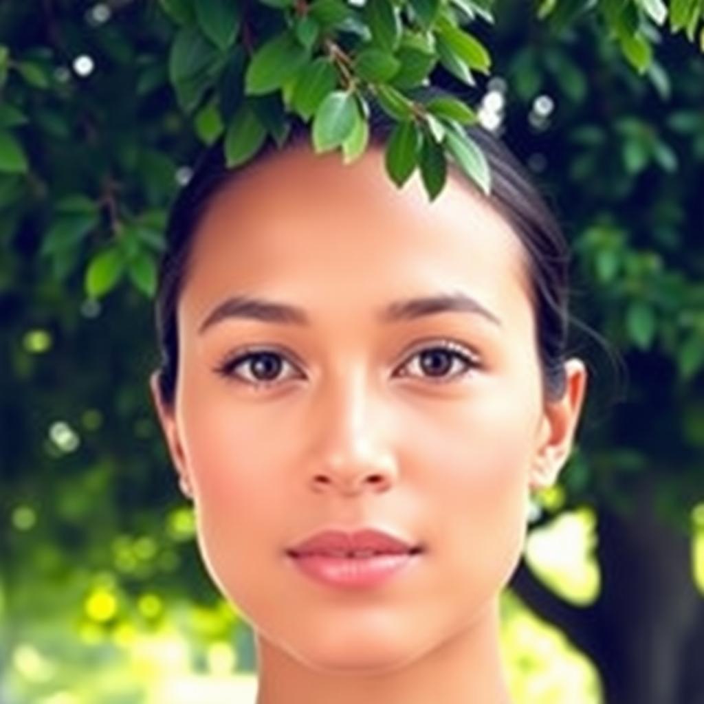 A serene portrait featuring a human face with clear, vivid details, beautifully set against a background of lush green trees