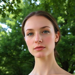 A serene portrait featuring a human face with clear, vivid details, beautifully set against a background of lush green trees