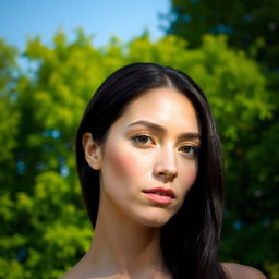 A serene portrait featuring a human face with clear, vivid details, beautifully set against a background of lush green trees