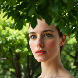 A serene portrait featuring a human face with clear, vivid details, beautifully set against a background of lush green trees