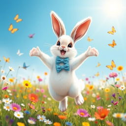 A cute and lively rabbit dancing joyfully in a colorful meadow, surrounded by wildflowers and butterflies