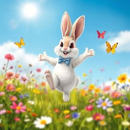 A cute and lively rabbit dancing joyfully in a colorful meadow, surrounded by wildflowers and butterflies