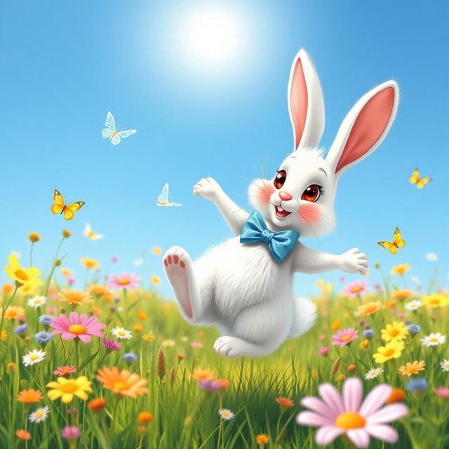 A cute and lively rabbit dancing joyfully in a colorful meadow, surrounded by wildflowers and butterflies