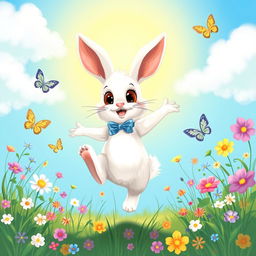A cute and lively rabbit dancing joyfully in a colorful meadow, surrounded by wildflowers and butterflies