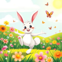 A cute cartoon rabbit dancing joyfully in a colorful meadow, its fluffy tail bouncing as it hops