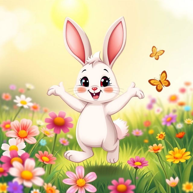 A cute cartoon rabbit dancing joyfully in a colorful meadow, its fluffy tail bouncing as it hops