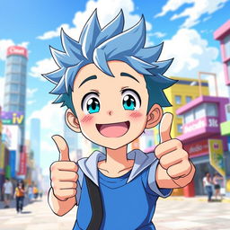 A cheerful anime boy with bright, expressive eyes, wearing a stylish, casual outfit