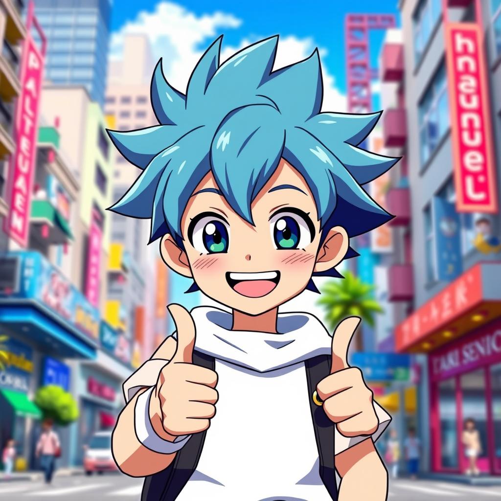 A cheerful anime boy with bright, expressive eyes, wearing a stylish, casual outfit