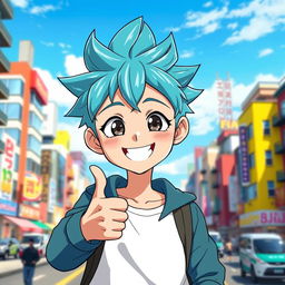 A cheerful anime boy with bright, expressive eyes, wearing a stylish, casual outfit