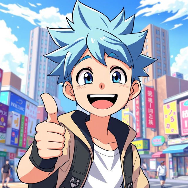 A cheerful anime boy with bright, expressive eyes, wearing a stylish, casual outfit