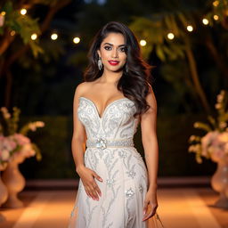 A glamorous portrait of Bidya Sinha Mim standing confidently, wearing an elegant designer gown with a flowing silhouette