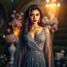 A glamorous portrait of Bidya Sinha Mim standing confidently, wearing an elegant designer gown with a flowing silhouette