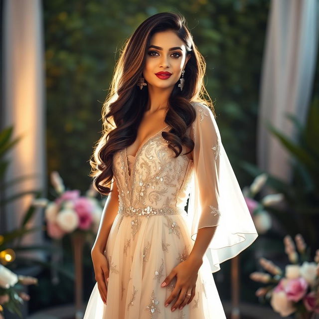 A glamorous portrait of Bidya Sinha Mim standing confidently, wearing an elegant designer gown with a flowing silhouette