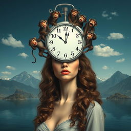 A surreal digital art piece depicting a portrait of a woman with long, curly hair, standing gracefully in front of a serene body of water, with majestic mountains in the background