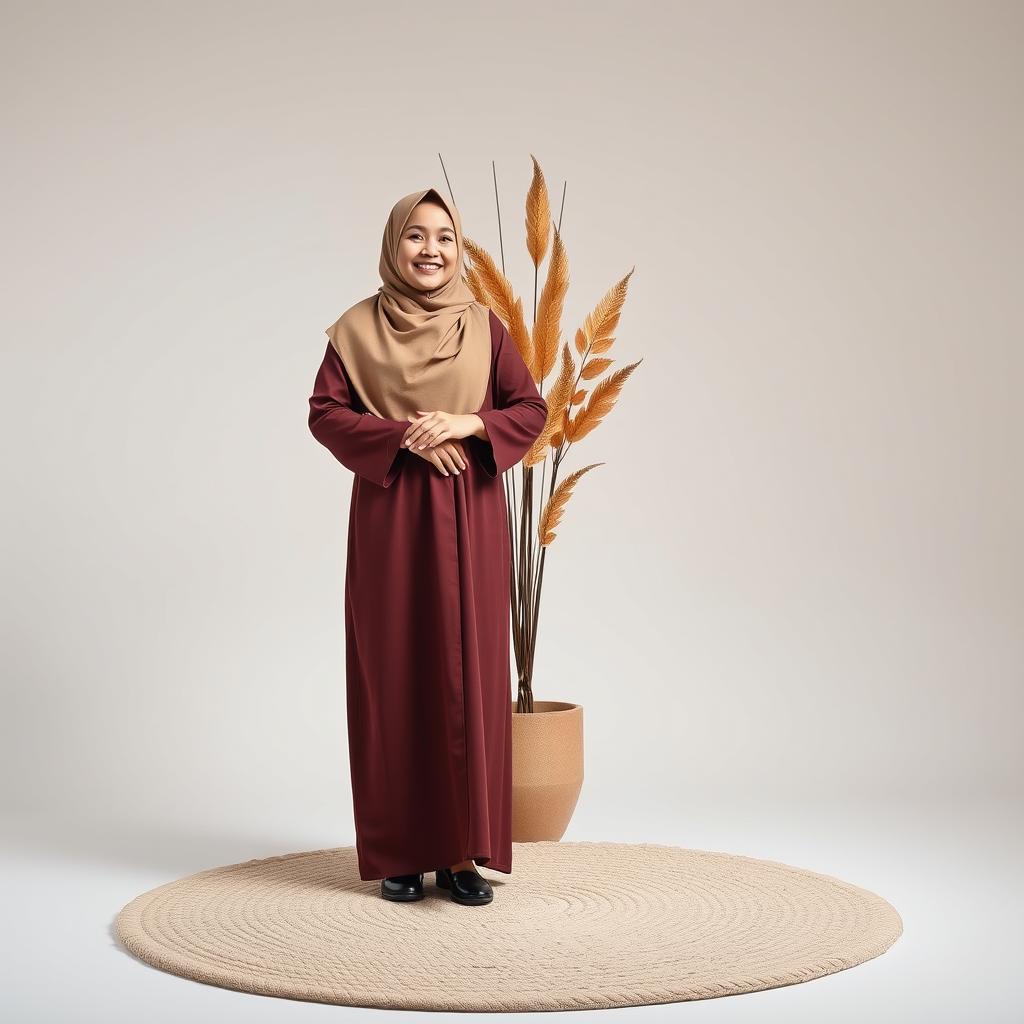 A hyper realistic full body photo of a 25-year-old young woman, wearing a hijab and a long maroon-colored robe, smiling warmly