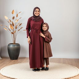A hyper realistic full body photo of a 25-year-old young woman, wearing a hijab and a long maroon-colored robe, smiling warmly