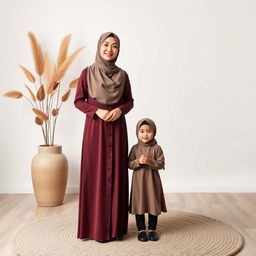 A hyper realistic full body photo of a 25-year-old young woman, wearing a hijab and a long maroon-colored robe, smiling warmly