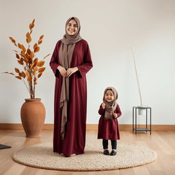 A hyper realistic full body photo of a 25-year-old young woman, wearing a hijab and a long maroon-colored robe, smiling warmly