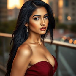 A striking portrait of a South Asian model with long black hair, posing confidently in an elegant outfit that highlights her beauty