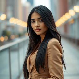 A striking portrait of a South Asian model with long black hair, posing confidently in an elegant outfit that highlights her beauty