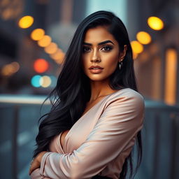 A striking portrait of a South Asian model with long black hair, posing confidently in an elegant outfit that highlights her beauty