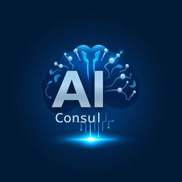 A modern and sleek logo design for an AI consulting page, featuring a stylized brain made of interconnected circuits and digital nodes