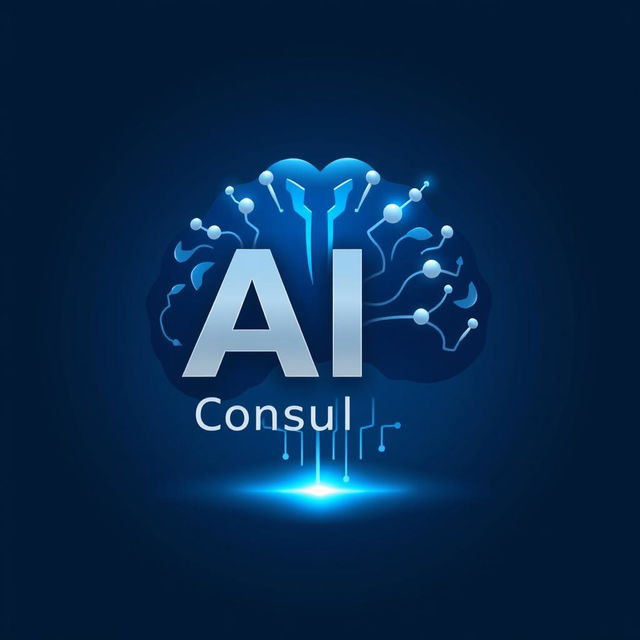 A modern and sleek logo design for an AI consulting page, featuring a stylized brain made of interconnected circuits and digital nodes