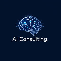 A modern and sleek logo design for an AI consulting page, featuring a stylized brain made of interconnected circuits and digital nodes
