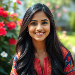 A vibrant portrait of a young woman with a striking resemblance to a South Asian actress