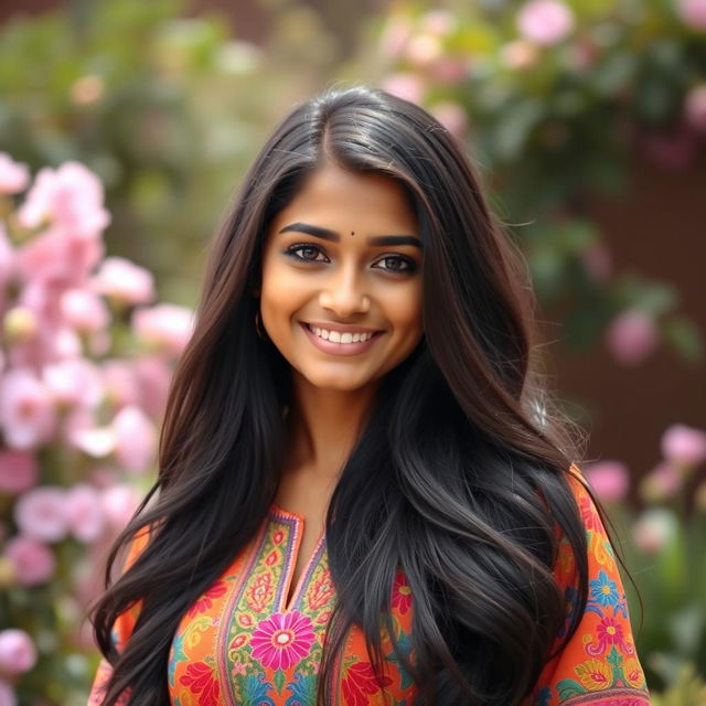 A vibrant portrait of a young woman with a striking resemblance to a South Asian actress