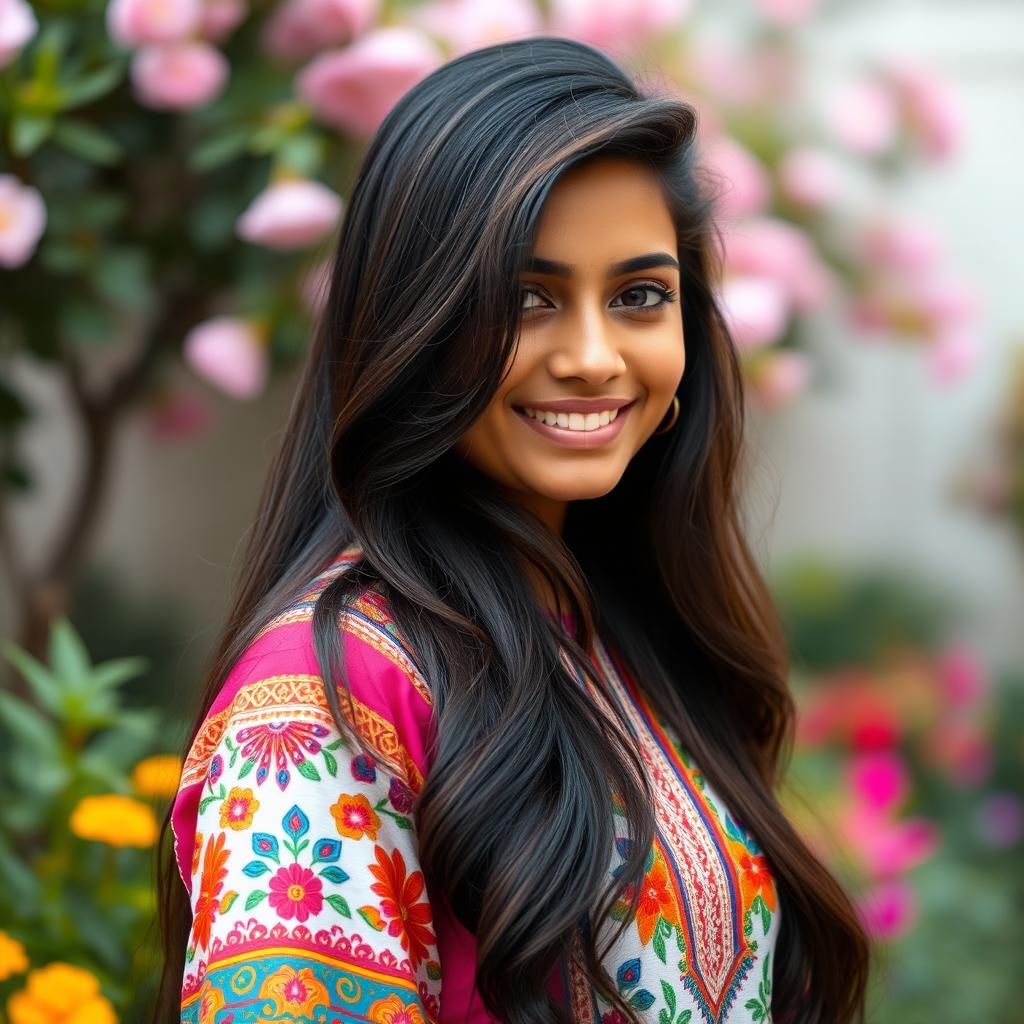 A vibrant portrait of a young woman with a striking resemblance to a South Asian actress