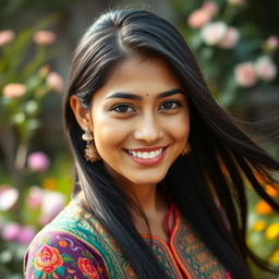 A vibrant portrait of a young woman with a striking resemblance to a South Asian actress