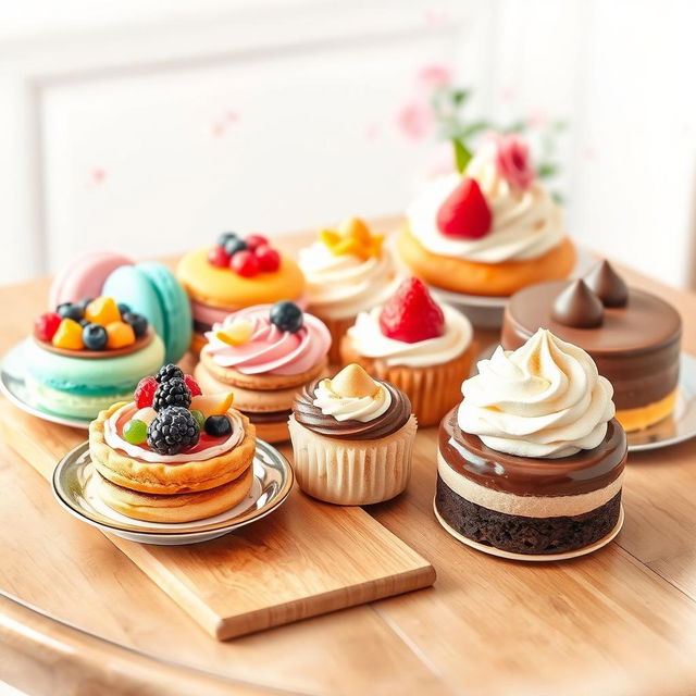 A beautifully arranged display of assorted delicious desserts, including colorful macarons, vibrant fruit tarts, creamy cupcakes with swirls of frosting, and a chocolate mousse cake, set on an elegant wooden table