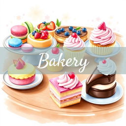 A beautifully arranged display of assorted delicious desserts, including colorful macarons, vibrant fruit tarts, creamy cupcakes with swirls of frosting, and a chocolate mousse cake, set on an elegant wooden table