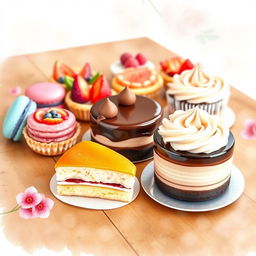 A beautifully arranged display of assorted delicious desserts, including colorful macarons, vibrant fruit tarts, creamy cupcakes with swirls of frosting, and a chocolate mousse cake, set on an elegant wooden table